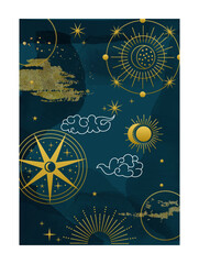 Cover for wedding invitation. Watercolor background with colorful night sky and golden glowing pattern. Abstract design for festive banners, paterns and brochures. Cartoon flat vector illustration