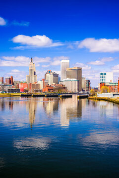 Providence, Rhode Island, USA city skyline on the river.