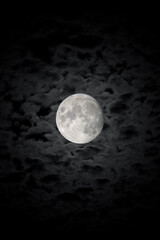 The detailed moon in the background of the cloudy night sky. Black and white. Vertical orientation.