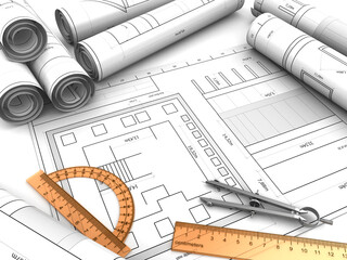 3d illustration of blueprints drawing background