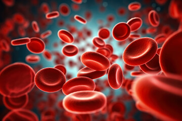 Red blood cells under microscope, scientific illustration. Generative AI - obrazy, fototapety, plakaty