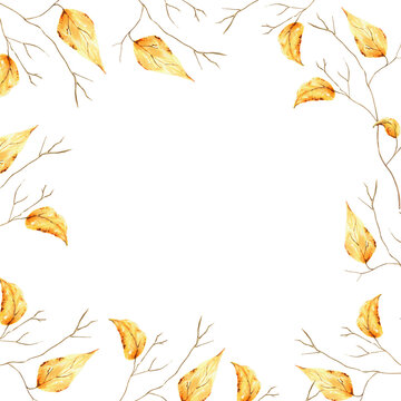 Watercolor autumn frame with tree branch golden foliage. Hand painting sketch isolated on white background. For designers, decoration, shop, for postcards, wrapping paper, covers. For posters