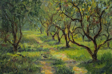 Apple trees in russian summer park, oil painting