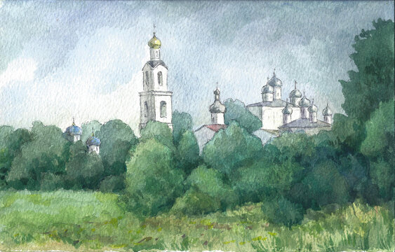 Russian landscape with a monastery in summer, watercolor