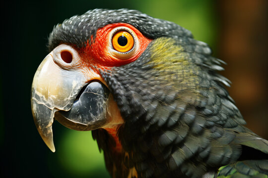 photo of a parrot's face against a green forest background