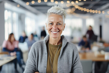 Generative AI illustration of portrait of professional woman with white hair and green eyes standing with crossed arms while looking at camera and smiling against blurred background