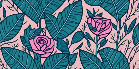 Pink Roses Border Design: Vector Illustration for Card Designs