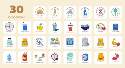 Set with healthy lifestyle. Stickers with body care and health, taking vitamins and probiotics, detox diet and proper nutrition and vegetable smoothie. Cartoon flat vector isolated on white background