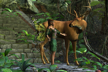 A beautiful fairy tries to make friends with a magnificent whitetail deer with antlers.