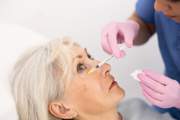 Careful young woman doctor holding injector performing mesotherapy of aged woman patient's face in aesthetic clinic