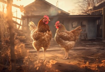 chickens walking around the farm yard. Generative AI