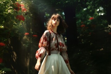 Fototapeta na wymiar Beautiful Young Woman wearing traditional dress in a flowered garden. Generative AI illustration.