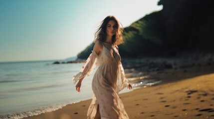 Beautiful Young Woman in an elegant white dress standing on a beach. Generative AI illustration.