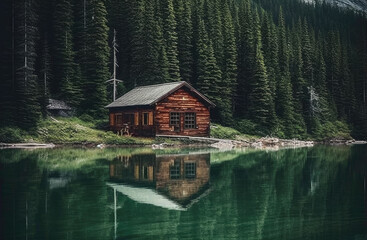 Fototapeta premium The cabin is in front of the woods by the lake, AI generated