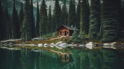 Fototapeta premium The cabin is in front of the woods by the lake, AI generated