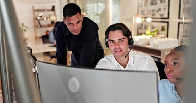Call center, computer and business people for technical support, training software and mentor, helping or night solution. Professional diversity, e commerce review and manager or consultant feedback