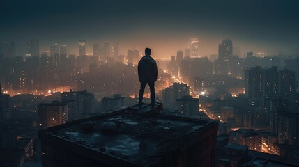 Fototapeta premium A man standing on the roof of a city, AI generated