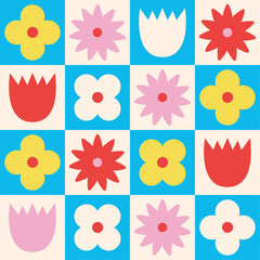 Geometric floral seamless vector pattern. Bright, fun colorful flowers in a scandi style. Modern retro background, checkered wallpaper print. 
