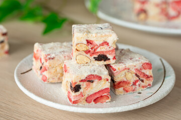 Taiwanese snack snowflake crisp with almond and strawberry
