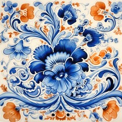 Retro vintage floral pattern, blue and orange, glazed tile, abstract floral ornament, slavic painting, generative ai illustration