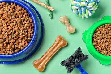 Composition with dry dog food, treats and accessories on color background