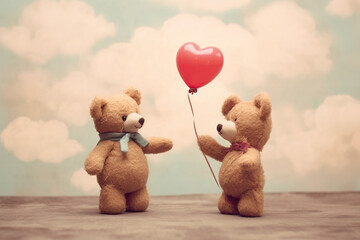 Two teddy bear, holding hands and heart shape balloon. Love, baby, friendship concept. Ai generative, illustration