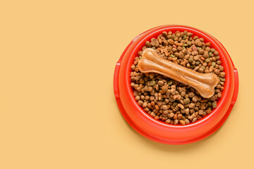 Bowl of dry dog food and chew bone on color background