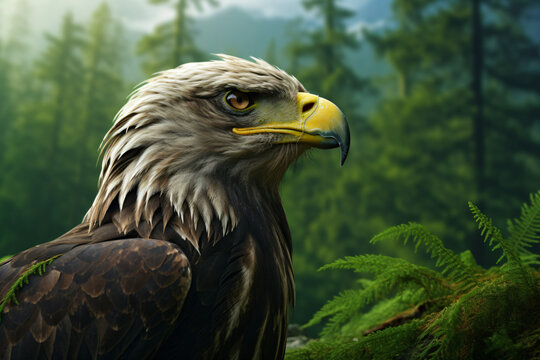 photo of a eagles face against a green forest background