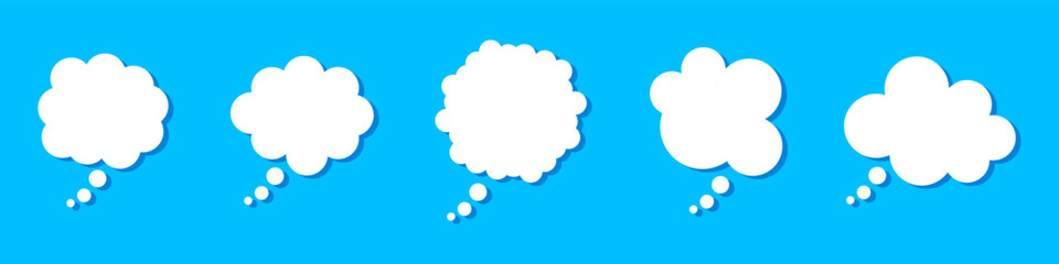 White thought bubbles. Think icons. Empty thought clouds. Vector isolated on blue background.