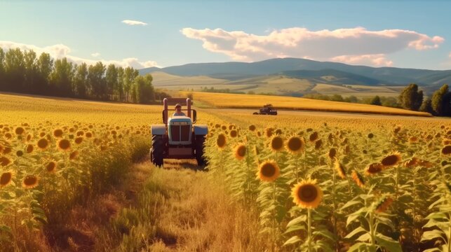 An agricultural tractor drives along the road past a field of sunflowers. 