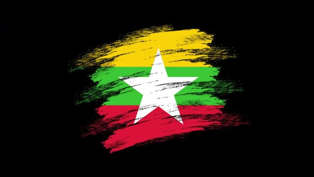 4K Paint Brush Myanmar Flag with Alpha Channel. Waving Brushed Burmese Banner. Transparent Background Texture Fabric Pattern High Detail.