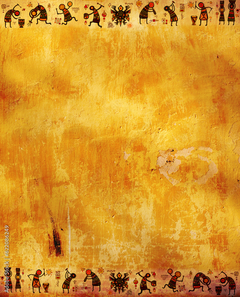 Poster grunge background with african ethnic patterns and stucco texture of yellow color