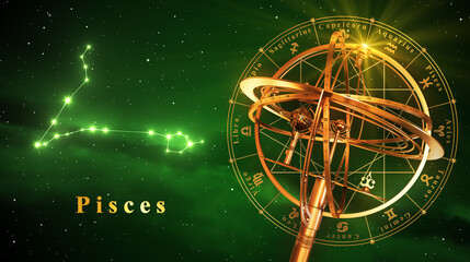 Armillary Sphere And Constellation Pisces Over Green Background. 3D Illustration.