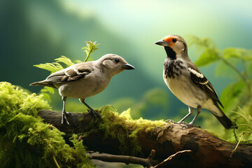 photo of a finches face against a green forest background