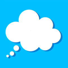 White thought bubble. Think icon. Empty thought cloud. Vector isolated on blue background.