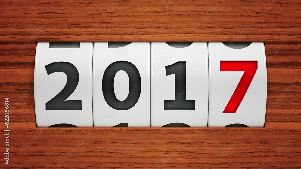 Poster design component of a counter dial that is showing the year 2017, three-dimensional rendering, 3d il