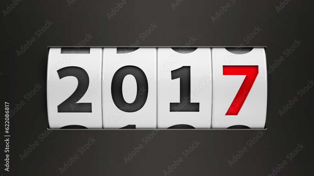 Poster design component of a counter dial that is showing the year 2017, three-dimensional rendering, 3d il