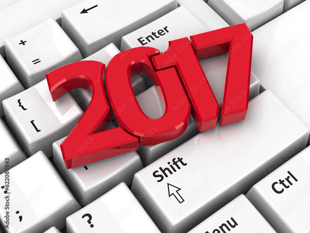 Poster 2017 icon on the computer keyboard background, three-dimensional rendering, 3d illustration
