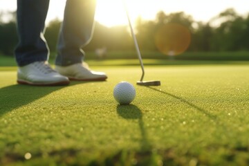 Golf ball on artificial turf. Background with selective focus and copy space