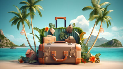 vacation travel time banner, open travel suitcase with exotic destination inside with copy space area 
