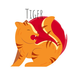 Chinese horoscope icon. Abstract mascots with striped sacred tiger. Sacred animal symbol of Asian New Year of East for app and website. Cartoon flat vector illustration isolated on white background