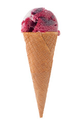 Ice cream cone with scoop of red fruits isolated on white background.