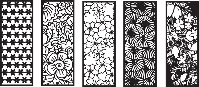 Set of laser cut panel with floral pattern.Borders, fence, screen cut templates