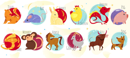 Obraz premium Chinese horoscope icon set. Stickers with dog, rabbit, tiger, dragon, rooster, goat, mouse, pig, monkey, snake, bull and horse. New Year Asian symbol. Cartoon flat vector isolated on white background