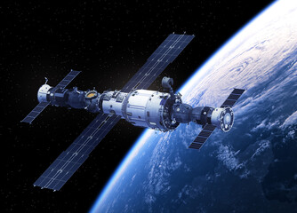 Obraz na płótnie Canvas Space Station Orbiting Planet Earth. 3D Illustration.