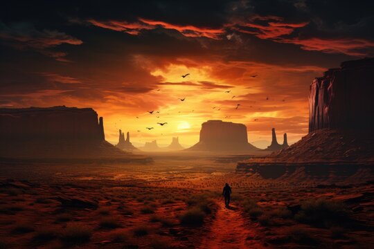 A lone cowboy standing under the expansive desert sky at sunset. Generative AI