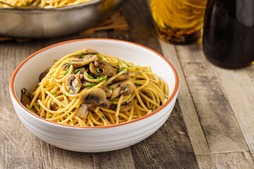 Soy butter pasta - spaghetti with mushrooms, butter and soy sauce