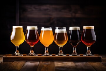 Craft beer tasting board over wooden background