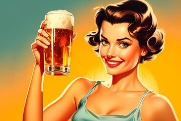 Vintage advertisement banner with lady holding beer pint and smiling at camera