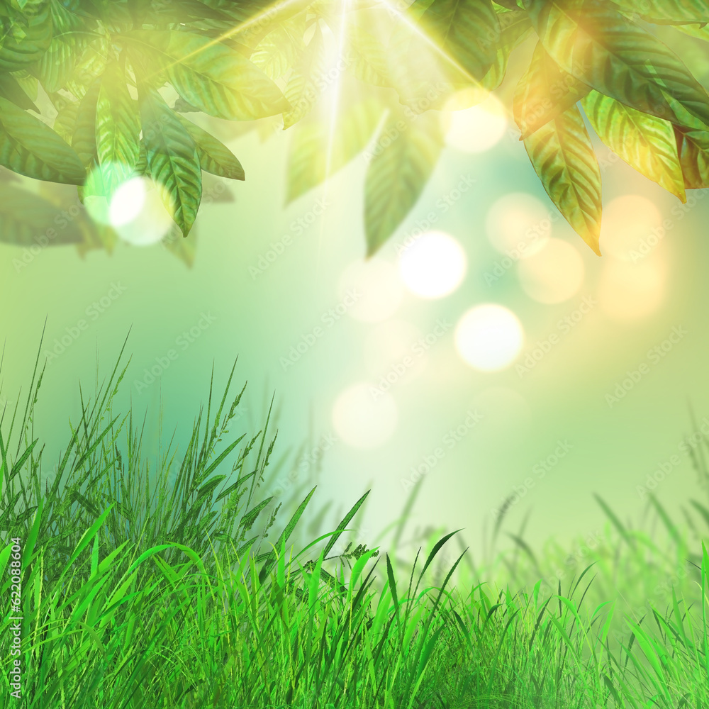 Aufkleber 3d render of leaves and grass on a bokeh lights background